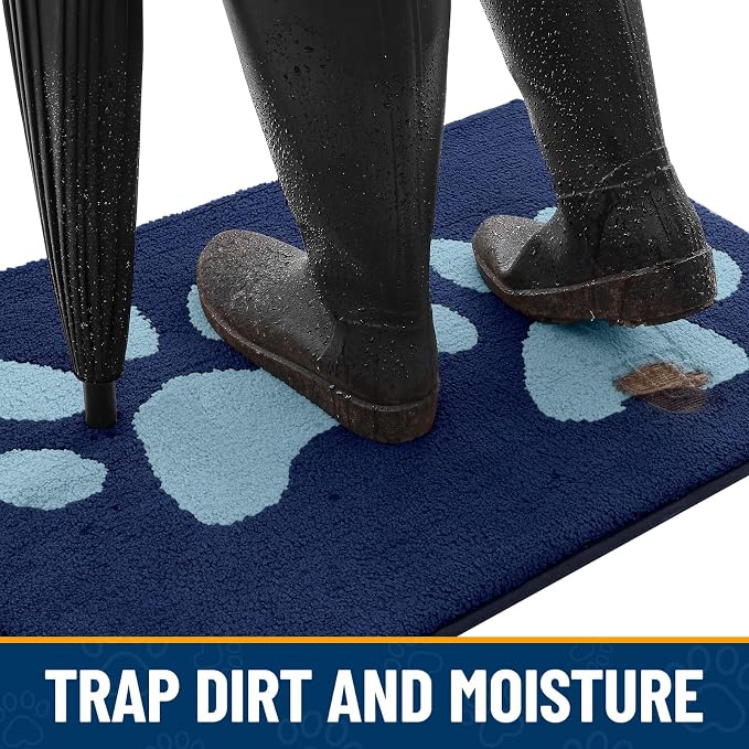 Smiry Dog Door Mat for Muddy Paws, Absorbs Moisture and Dirt, Low-Profile Entryway Mat with Non-Slip Backing, Entry Indoor Outdoor Doormat for Inside Floor (47x24 Inches, Dark Blue, Paw)