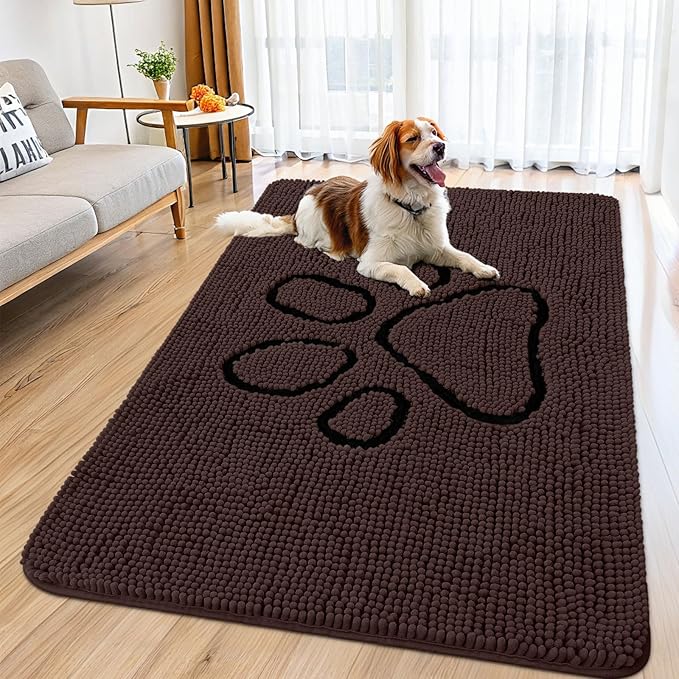 Smiry Dog Door Mat for Muddy Paws, Absorbent Dirt Trapper Non Slip Quick Dry Washable Chenille Mat for Mud Dogs, Entry Rug for Indoor and Outdoor (59x35 Inches, Brown and Black)