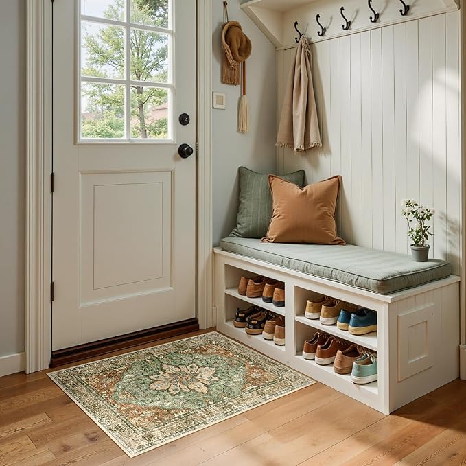 RELEANY Area Rugs Small 2'x3' Washable Non-Slip, Floral Vintage Distress Medallion Carpet for Kitchen Entryway Bathroom, Terracotta Burnt Orange Green
