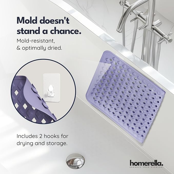Bathtub Mat Non Slip 35x16 - homerella® Bath Mat Incl. Hooks for Drying, Extra Long, 100% BPA Free, Shower Mat Non Slip Anti Mold, Machine Washable, Shower Mats for Inside Shower Mildew Resistant