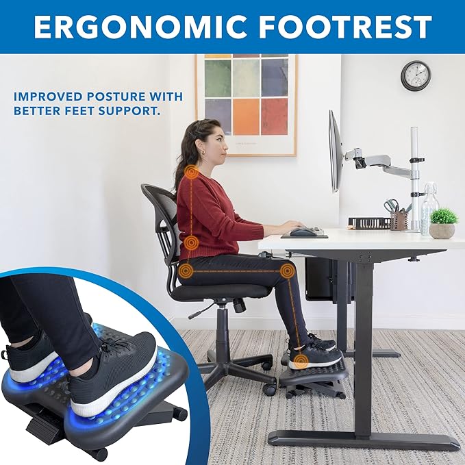 Mount-It! Under Desk Footrest with Foot Pedal Height Adjustment (4.25"–6.75"), Adjustable 30° Tilt Ergonomic Office Foot Rest, Non Slip Massage Surface Foot Stool Under Desk