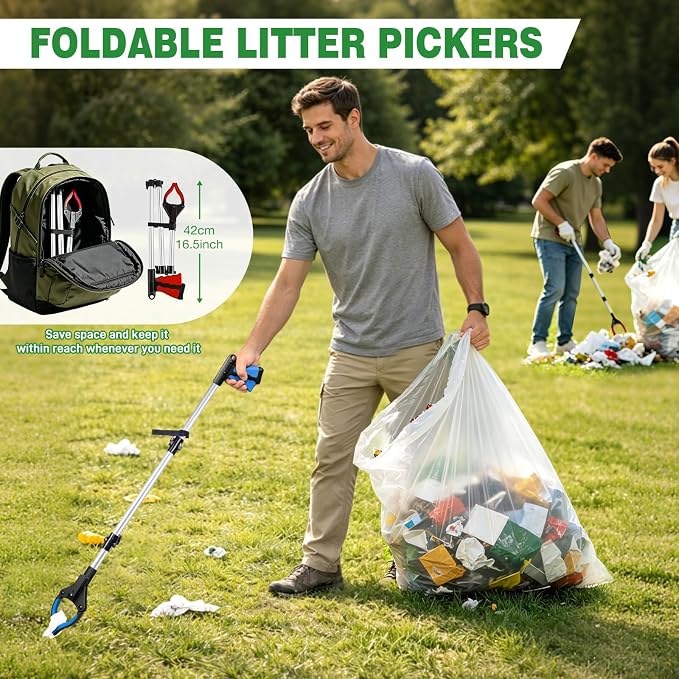 2-Pack Grabber Reacher Tool, 44" Extra Long Foldable Reacher Grabber Pickup Tool with Light, Heavy Duty Trash Picker Upper Grabber, 360° Rotating Jaw & Magnet, Lightweight Grabbers for Seniors