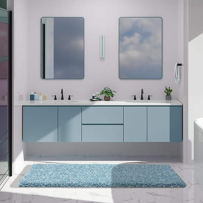 Yimobra Luxury Bathroom Rugs, Fluffy Bath Mats, Non Slip, Water Absorbent Microfiber, Machine Washable, Plush Runner Shower Rugs, Thick Matts for Bathroom Floor&Tub, 70" X 24", Denim Blue and White