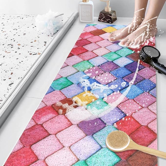Bathtub Mat Shower Mat Non-Slip: 16x 39 Inch Soft Comfort Bath Mat with Drainage Holes, PVC Loofah Massage Bathmat for Shower, Tub, Bathroom, Wet Areas, Quick Drying