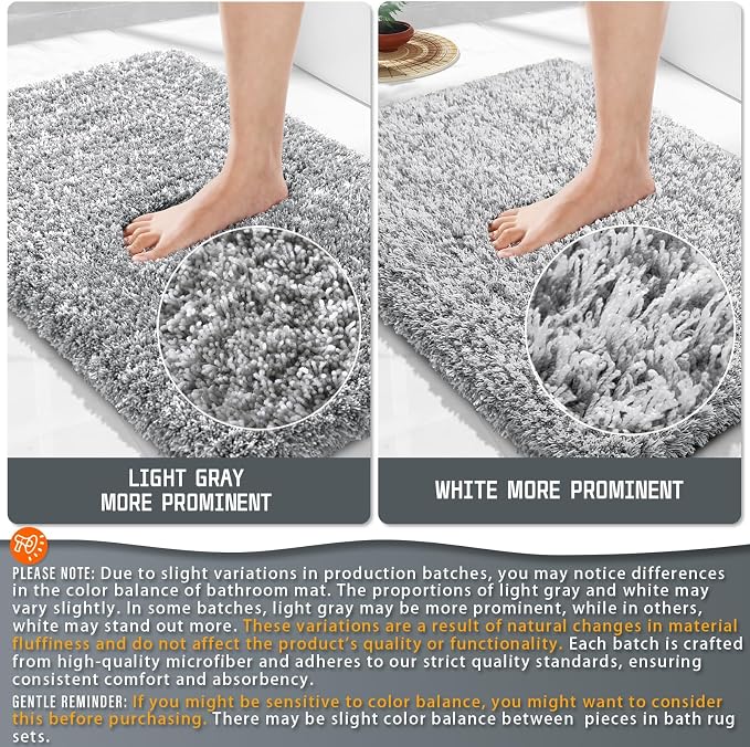 Yimobra Bathroom Rugs Non Slip Washable, Ultra Soft and Water Absorbent Bath Mats, Fluffy Shower Mat Outside, Plush Matts for Bathroom Floor/Sink, 24X17, Home Decor Accessories, Light Gray and White