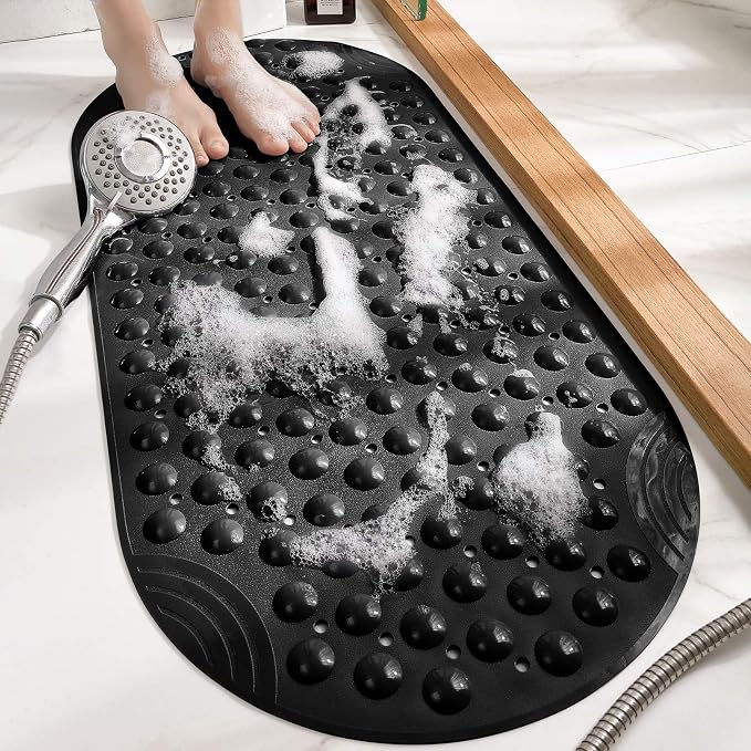 DEXI Bathtub Mat Non Slip 16x35, Shower Floor Mats for Bathroom Bath Tub, Washable Oval Bathmat with Suction Cups and Drain Holes, Black