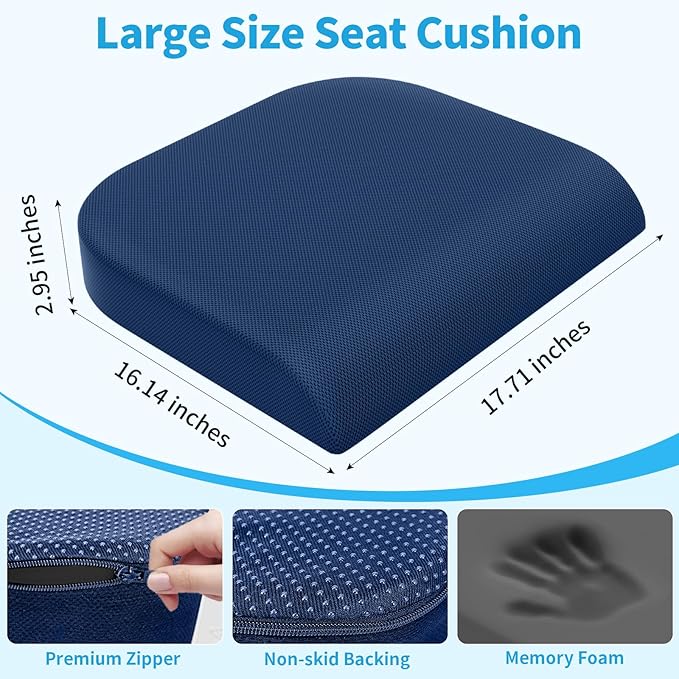 TranquilRelax Large Seat Cushion, Memory Foam Cushion for Long Sitting Hours on Office Chair, Home & Car, Non-Slip Chair Pad for Relieving Back & Sciatica & Hip & Coccyx Pain (Blue)