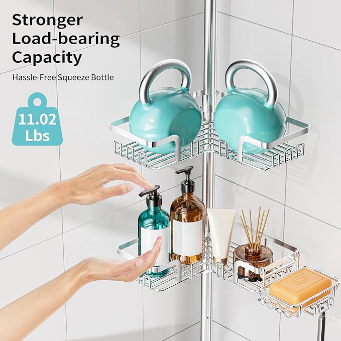 KEGII Shower Caddy Tension Pole – Corner Rustproof Bathroom Organizer with Soap Holder & Hooks, No-Drill Adjustable Shower Shelf for Renters for Families & Renters, 25-114.2 Inch, Silver