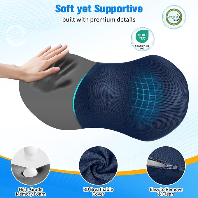 SweetSlubr Lumbar Support Pillow for Office Chair - Memory Foam Lumbar Pillow with Detachable Strap & Breathable Cover, Ergonomic Back Support for Office Chair, Car Seat Cushion, Bed Rest (Blue)