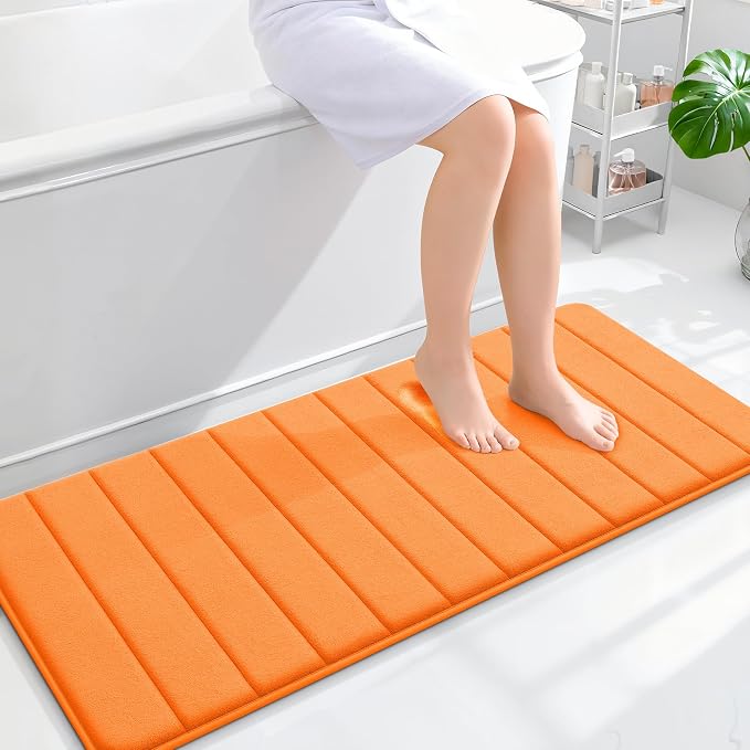 OLANLY Memory Foam Long Bathroom Rugs Runner 47x20, Super Soft Absorbent Bath Mat, Quick Dry, Machine Washable Shower Floor Rugs, Bathmat Carpet, Bathroom Home Decor Accessories, Orange