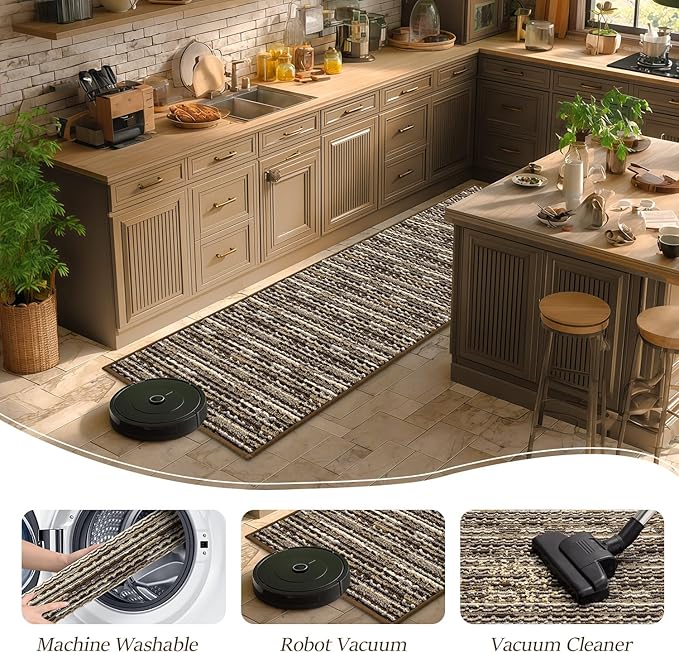 Kitchen Rugs Sets of 2-Non Slip Kitchen Mats for Floor-Thick Stain Resistant Vintage Kitchen Floor Mat Runner Carpet for Hallways Entryway Laundry Room Washable（Brown 20"x47"+20"x32"）