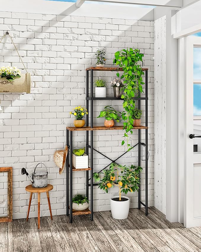 CHOEZON Over The Toilet Storage, 6-Tier Bathroom Organizer Shelf, Over-Toilet Storage Cabinet with Toilet Paper Hook, Space Saving, for Bathroom, Laundry, Entryway, Rustic Brown and Black TTS02BF