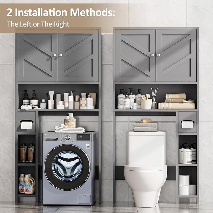 Farmhouse Storage Cabinet Over Toilet with Toilet Paper Holder Stand, Freestanding Bathroom Storage Organizer Cabinet, Grey