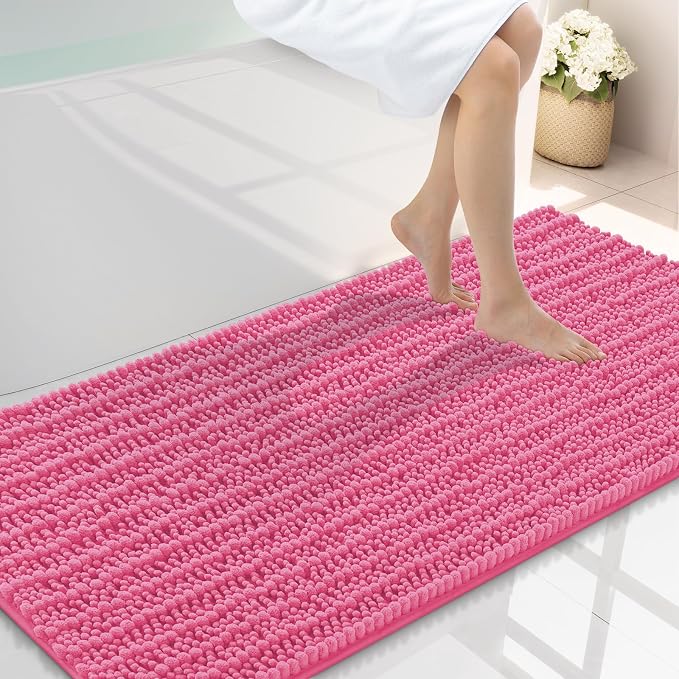 Smiry Bathroom Rugs Mat 47x24, Extra Soft Absorbent Chenille Bath Rugs, Non Slip Rubber Backing Machine Washable Quick Dry Bath Mats for Bathroom Floor, Tub, Shower, Home Decor Accessories, Hot Pink