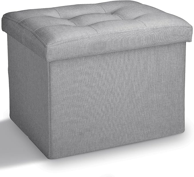 LINMAGCO Small Storage Ottoman Stool Foot Rest Stool Under Desk Stool Short Folding Ottoman Linen Cloth Light Gray 17X13X13IN