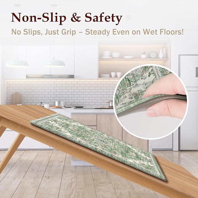 Boho Kitchen Mats for Floor 2 Piece Set Anti Fatigue Cushioned PVC Kitchen Rugs Non Slip Waterproof Farmhouse Mats 2/5 Inch Comfort Standing Mat for Sink, Laundry, 17.3"x59"+17.3"x28", Spring Green