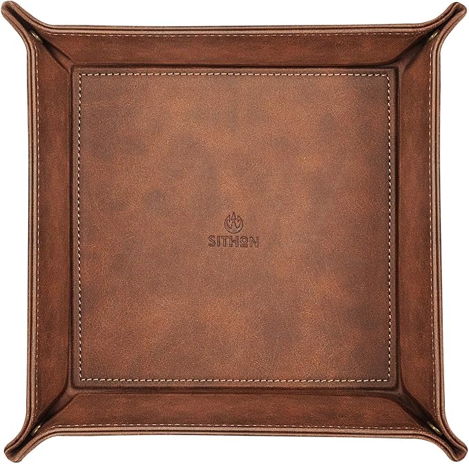 SITHON Valet Tray Desktop Storage Organizer – Premium PU Leather Catchall Bedside Vanity Tray Nightstand Caddy Holder for Keys, Phone, Wallet, Coin, Valentine's Day Gift, Brown