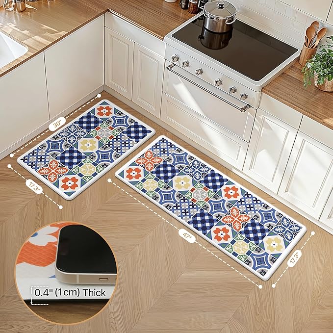 GENIMO Anti Fatigue Kitchen Mats for Floor, Cushioned Non Slip Kitchen Rug, Waterproof Kitchen Floor Mat Runner, Kitchen Mat for Laundry, Sink, Office, Entryway, 17.3"x47"+17.3"x30", Blue