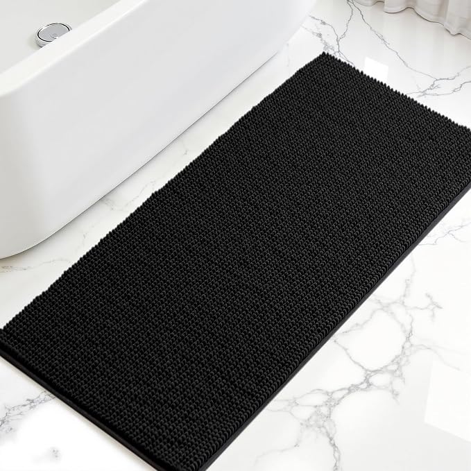 SUBRTEX Bathroom Rugs, 24" x 55" Chenille Bath Rug Soft Short Plush Bath Mat Soft Shower Mat Water Absorbent Shower Mat Quick Dry Machine Washable, Black