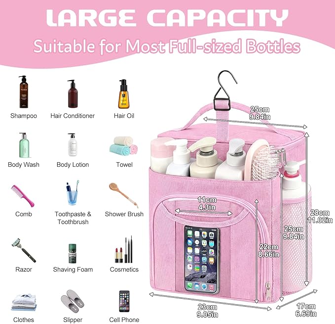 Attmu Shower Caddy Portable, Hanging Shower Bag for Dorm Room College, Large Capacity Quick Dry Mesh Tote Bag for Travel Camping Essentials (Light Pink)