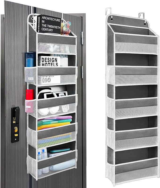 Easy Assembly Over The Door Organizer, 5 Shelves& 8 Side Pockets, Heavy-Duty Reinforced Mesh Rack Holds 44lb, Hanging Behind Door Storage for Bathroom Pantry, Nursery, Closet, Shoes, Towels- Dark Grey