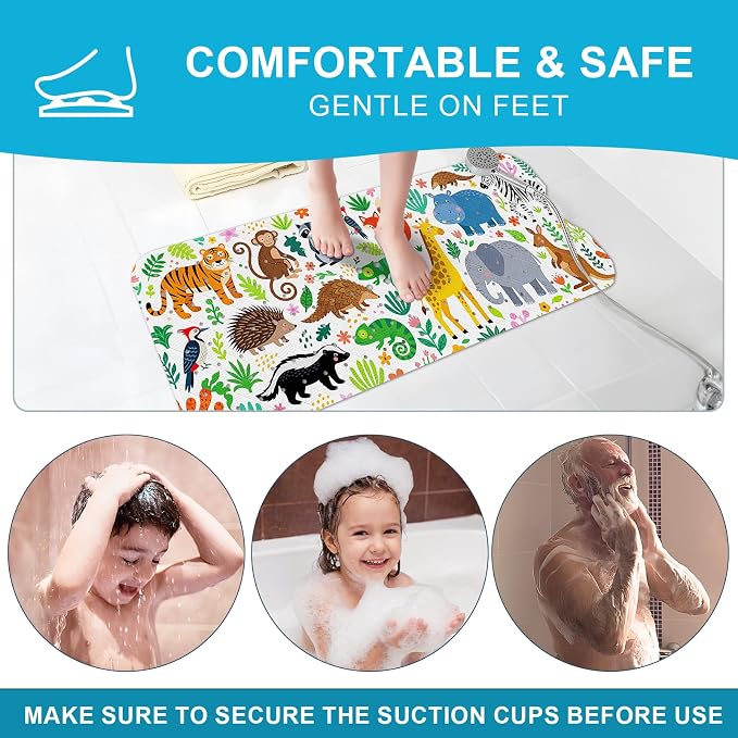 XIYUNTE Baby Bath Mat for Tub Non Slip Kids, BPA Free Extra Long Bathtub Mat 40x16 with Drain Holes and 200 Suction Cups, Non Toxic Machine Washable Toddler Bath Mat, Eco-Friendly Certified