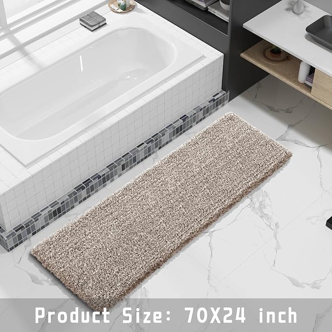 Yimobra Luxury Bathroom Rugs, Fluffy Bath Mats, Non Slip, Water Absorbent Microfiber, Machine Washable, Plush Runner Shower Rugs, Thick Matts for Bathroom Floor&Tub, 70" X 24", Light Brown and White