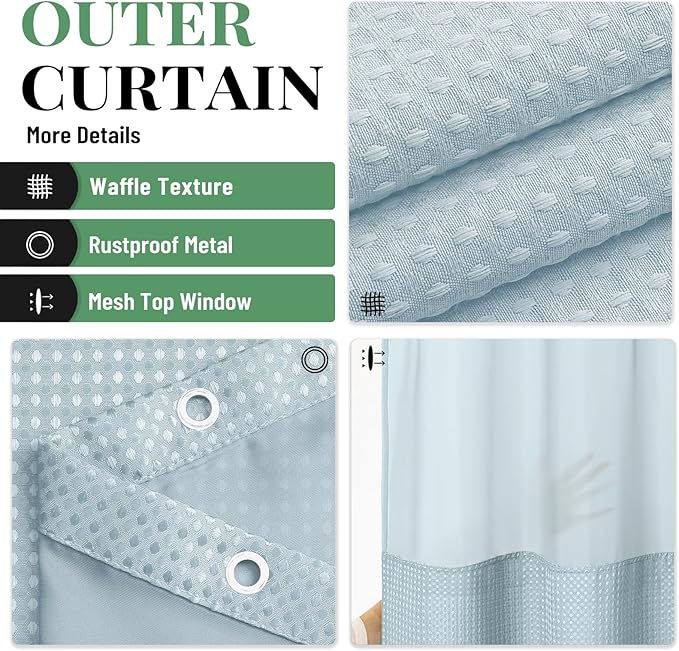 Dynamene Fabric Shower Curtain with Snap in Liner, Fog Blue Waffle Hotel Shower Curtains for Bathroom, Washable Waterproof Cloth Shower Curtain Liner Set with Hook, Mesh Top Window, 72x72, Fog Blue