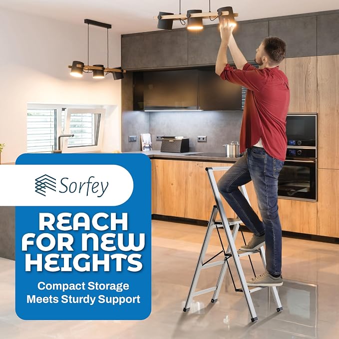 Step Ladder 3 Step Folding, Decorative - Beautiful Bamboo &Silver Aluminum, Ultra Slim Profile, Anti Slip Steps, Sturdy-Portable for Home, Office, Kitchen, Photography Use,By SORFEY