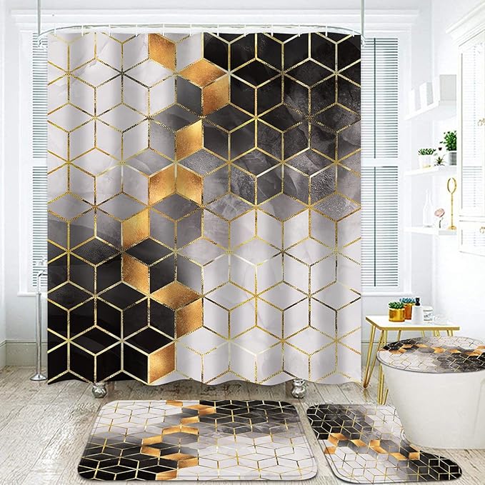 LQCOOL 4Pcs Black Gradient Shower Curtain Set,Black Marbling Golden Cubic Lines Bathroom Set Texture Modern Art Bath Accessories with Mats