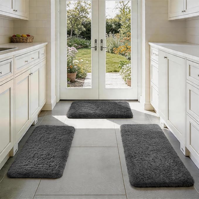 Ophanie Small Rug Washable Non Slip Throw Bedside Area Rugs, Fluffy Soft Mini Bedroom Carpet, 1.5x2.5，1.5x4 and 1.5x5 Rug Set, 3 Piece Grey