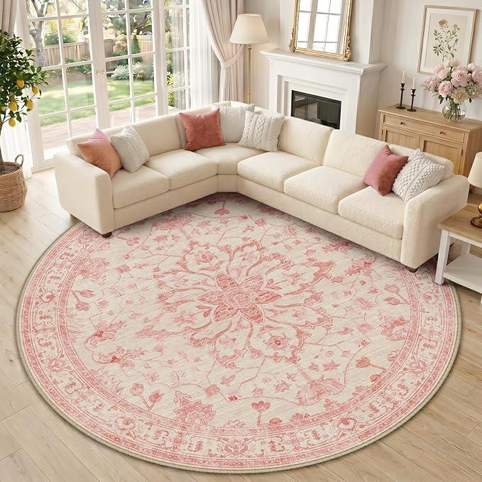 RELEANY Area Rugs Round 10ft Washable Non-Slip, Floral Vintage Distress Medallion Carpet for Living Room Bedroom Dining Room, Pink Light Vintage Pink