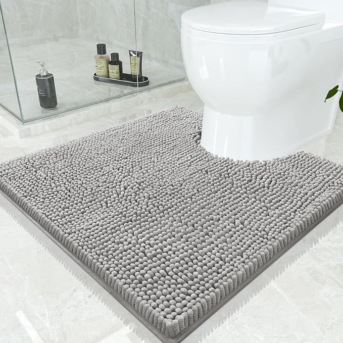 Smiry Luxury Chenille Toilet Rugs U-Shaped 24x24, Soft Absorbent Non-Slip Contour Bathroom Rugs for Toilet, Machine Washable Contoured Bath Mats, Light Grey