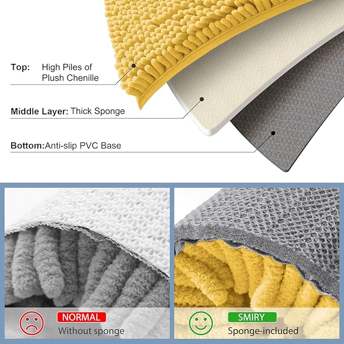 Smiry Luxury Chenille Bathroom Rugs 47x17, Extra Soft and Absorbent Shaggy Bath Mat, Machine Washable, Non-Slip Plush Carpet Runner for Tub, Shower, and Floor, Home Decor Accessories, Yellow
