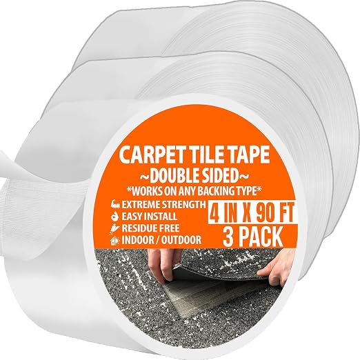 Carpet Tile Tape Double Sided 4in x 90ft (3 Pack) Heavy Duty Reinforced Web Mesh Residue Free - Indoor Outdoor for Carpet Tiles, Hardwood, Vinyl, Rugs, Carpet, Rubber & Mat Gripper