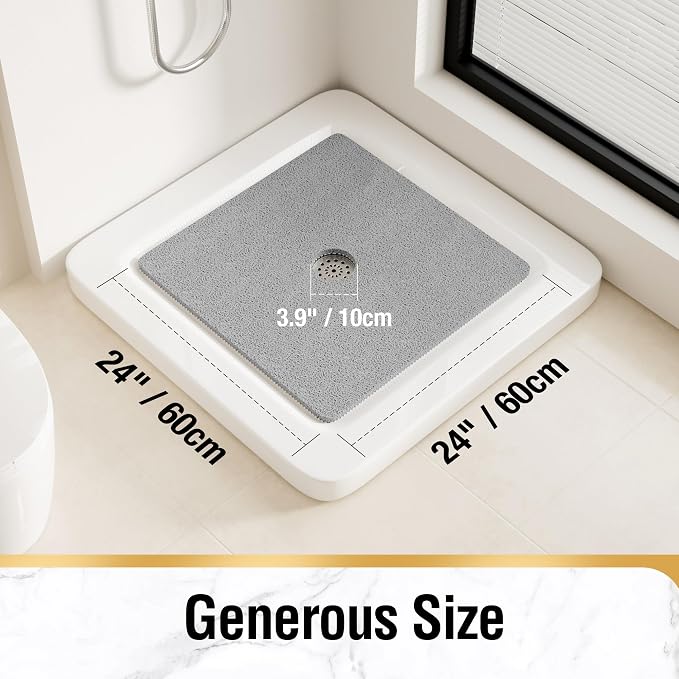 HITSLAM Shower Mat, 24 x 24inch Non Slip Bath Mat for Tub, Soft PVC Loofah Bathtub Mats with Drain Holes, Quick Drying Bathroom Stall Floor Mat, Bathroom Accessories Without Suction Cup, Grey 2 Pack