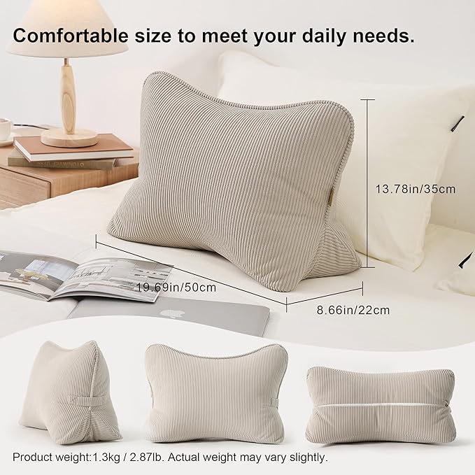 Pat. Pend. Corduroy Lumbar Support Back Pillow for Watching TV, Reading & Gaming, Ergonomic Triangle Support Cushion for Sofa, Armchair & Bed Sitting, Removable Washable Cover, Beige Gray
