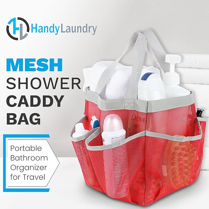 Handy Laundry Mesh Shower Caddy – 7 Pocket Portable Organizer Tote for Dorm, Gym, Travel & Bathroom – Quick Dry Collapsible Bag for College Essentials, Toiletries & Cleaning Supplies (Pink)