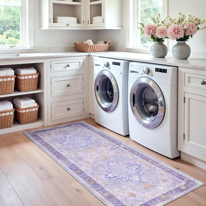RELEANY Area Rugs Runner 2'x6' Washable Non-Slip, Floral Vintage Distress Medallion Carpet for Kitchen Hallway Bedroom Beside Laundry Room Bathroom, Light Purple Brown
