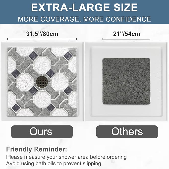 Square Shower Mat Non Slip: 32x32 Inch Extra Large Shower Mats for Inside Shower, Non Slip Shower Mat with Drain Hole in Middle- Anti Slip Shower Floor Mat, Loofah Shower Stall Mats for Elderly