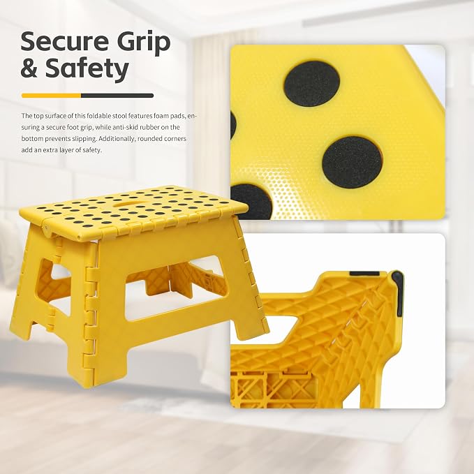 MaxWorks 50969 Folding Step Stool - 9" Height, 330 lbs Capacity - 16 Steel Rods for Enhanced Strength - Lightweight, Durable Plastic Stool for Kitchen, Bathroom, Living Room - Yellow