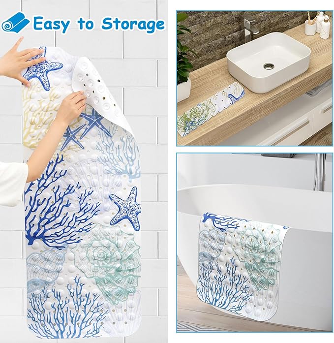Topotdor Nautical Coastal Bathtub Mat Non Slip for Shower Tub, 40 X 16 Inch Extra Long Bath Mat for Elderly & Kids, Machine Washable Shower Floor Mat with Suction Cups & Drain Holes, Starfish Coral