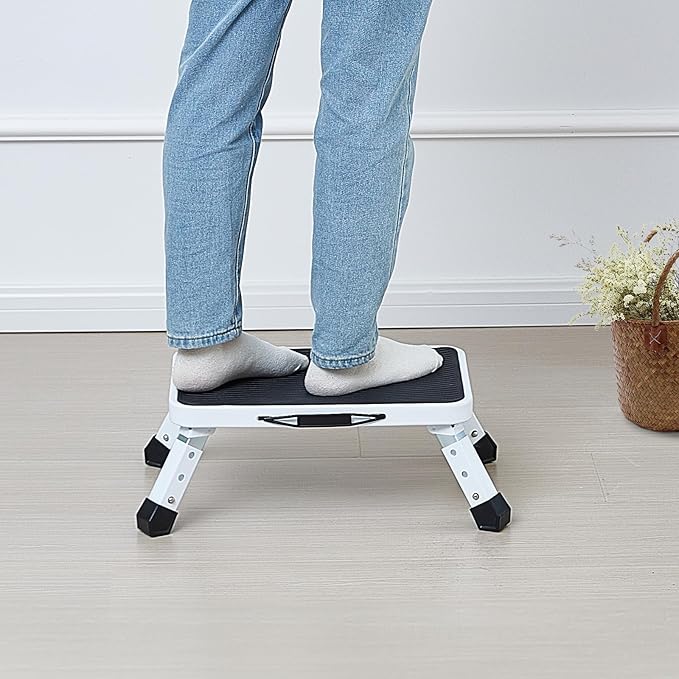 VEVOR 1-Step 330lbs Capacity Folding Steel Step Ladder, Adjustable Height, Non-Slip Sturdy Step Stool for Adults, Toddlers, Offices, RVs, Bathrooms, Bedrooms