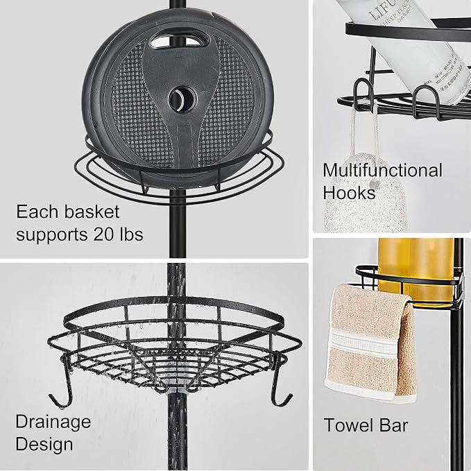 DUFU Corner Shower Caddy Tension Pole, Shower Tension Rod Organizer, 4-Tier Adjustable Floor to Ceiling Shower Caddy 33-127inch, No Drilling Shower Shelf for Inside (Black)