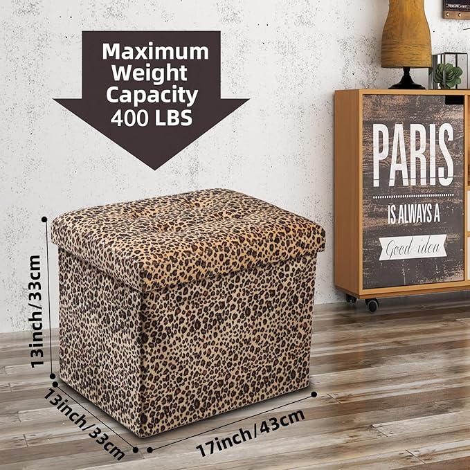 ALASDO Ottoman Storage Ottoman Footrest Stool Foldable Foot Rest Footstool Bench for Living Room 17x13x13inches Leopard Print