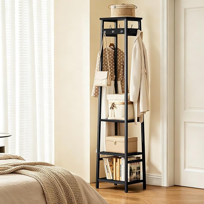 Coat Rack Freestanding, Coat Stand with 3 Shelves and 7 Hooks, Hall Tree Free Standing, Clothes Rack Stand Organizer for Bedroom, Hallway, Entryway, Living Room, Industrial Style, Black