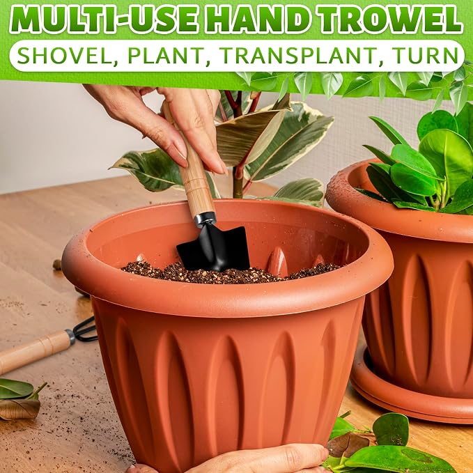 Small Garden Tools - 3 Pcs Mini Garden Tools Set with Small Trowel, Mini Shovel & Hand Rake Made of Rust-Resistant Iron & Solid Wood - Indoor Gardening Tools Set for Succulent, Bonsai & Pot Plants