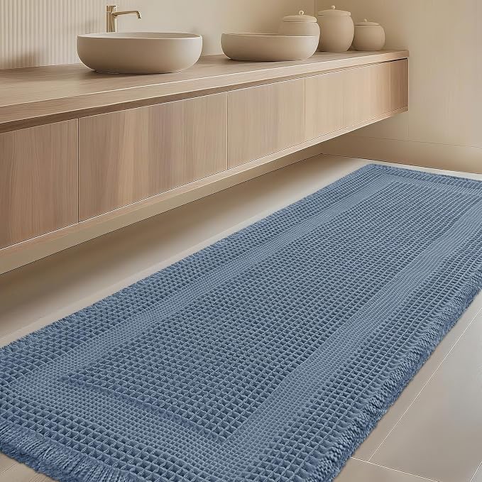 IM HOME Extra Large Waffle Bath Mat, Boho Bathroom Rugs Absorbent Non Slip, Ultra Soft Bathroom Mat, Machine Washable Knit Bath Rugs with Tassels for Bathroom, Bedroom, Kitchen, Shower, 6'x2', Blue