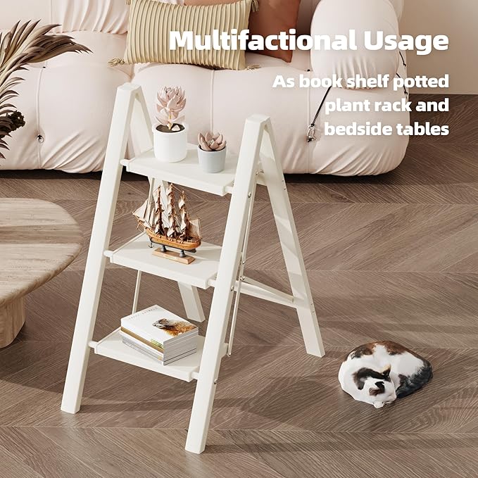 HillhutApex 3 Step Ladder, Lightweight Portable 3 Step Stool with Anti-Slip Wide Pedal, 330lbs Capacity Aluminum Ladder for Household,Office,Kitchen(White)