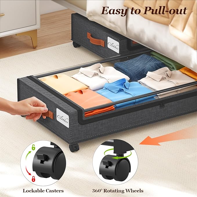 Yecaye 70 L Under Bed Storage with Wheels, 3 Pack Larger Capacity Under Bed Storage Containers, Underbed Shoe Storage Organizer, Rolling Under Bed Metal Drawers for Clothes, Blankets, Hemp Grey